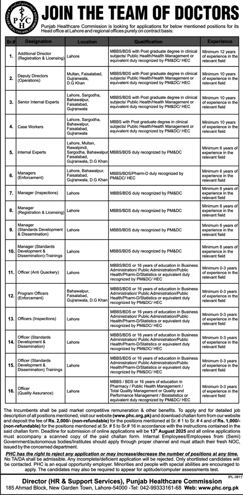 Jobs in Punjab Healthcare Commission Lahore